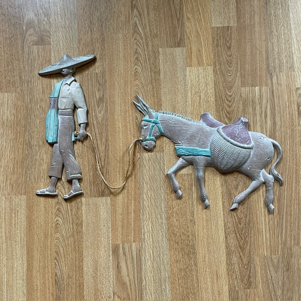 Vintage 90s Southwest Home Decor Pastel Metal Wall Art Mexican Man Burro